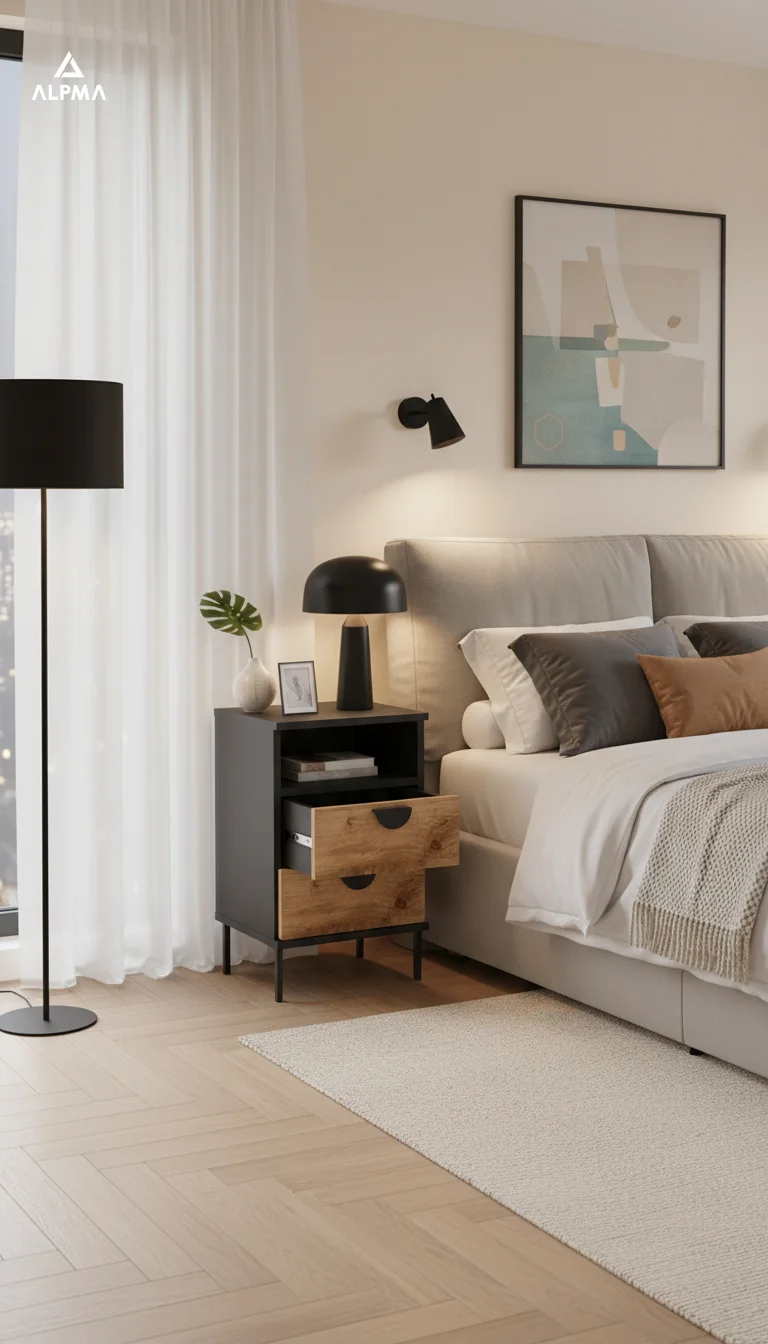 Szafka nocna NOX-D4-N3 40×36×64 cm ze schowkiem i szufladami D4N3 CZARNY DRZWI-WOTAN - zdjęcie 2